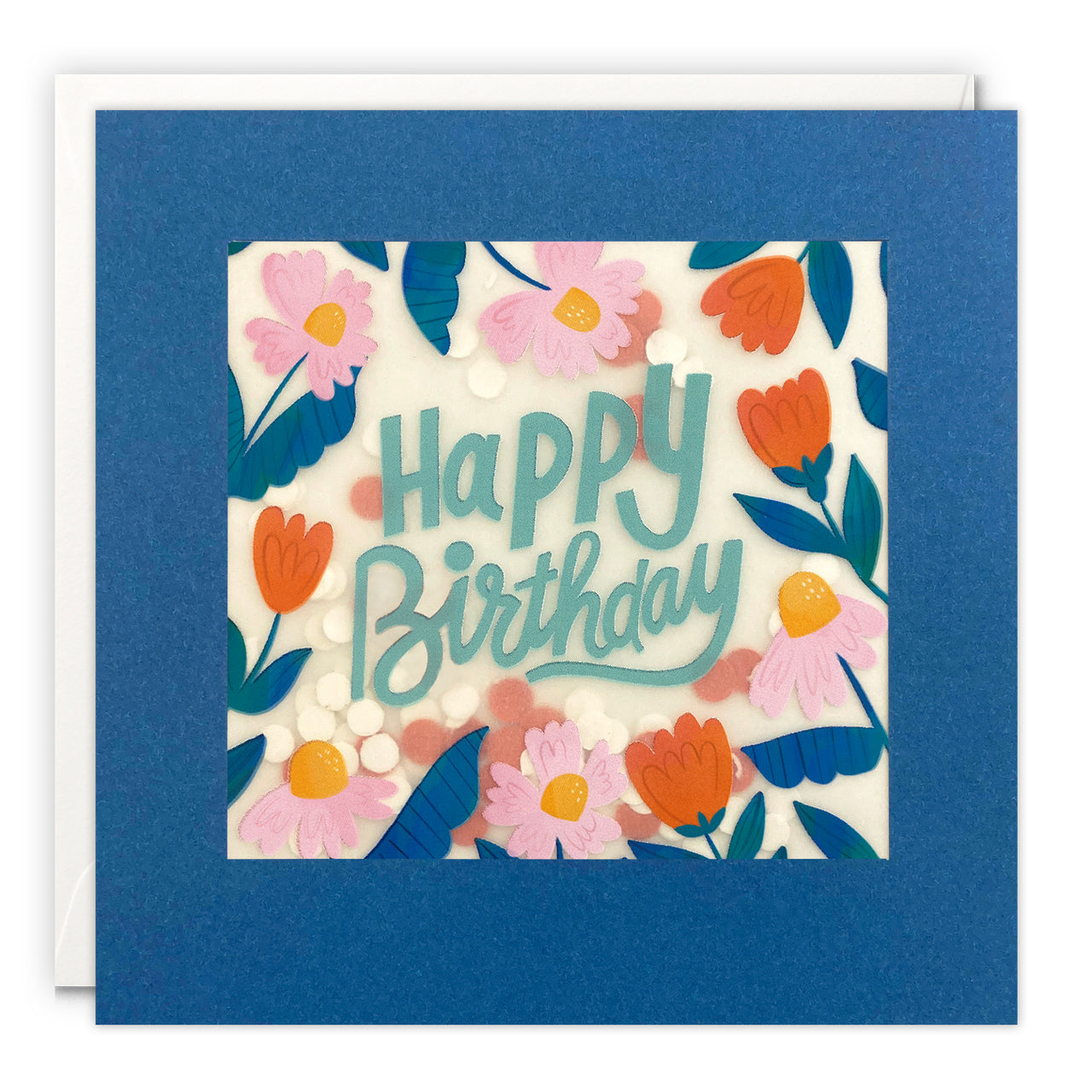 Blue and Orange Flowers Birthday Card with Paper Confetti - Paper Shakies by James Ellis